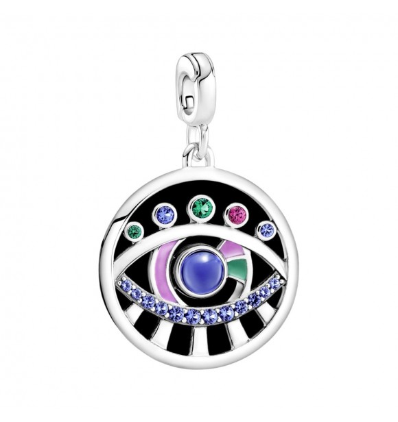 Eye sterling silver medallion with stellar blue and lake green crystal,
 synthetic ruby, green and pink enamel