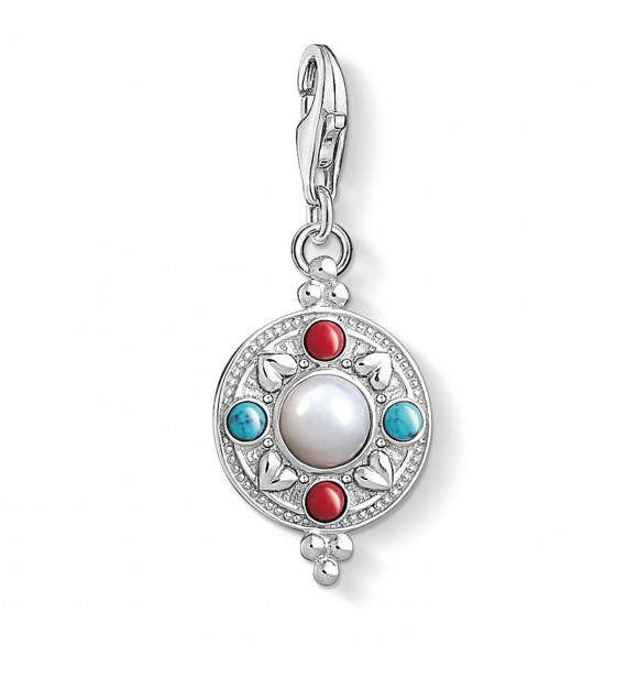 Thomas Sabo Charm pendant “Lotus Coin” 925 Sterling silver/ simulated coral/ simulated turquoise/ mother-of-pearl multicoloured