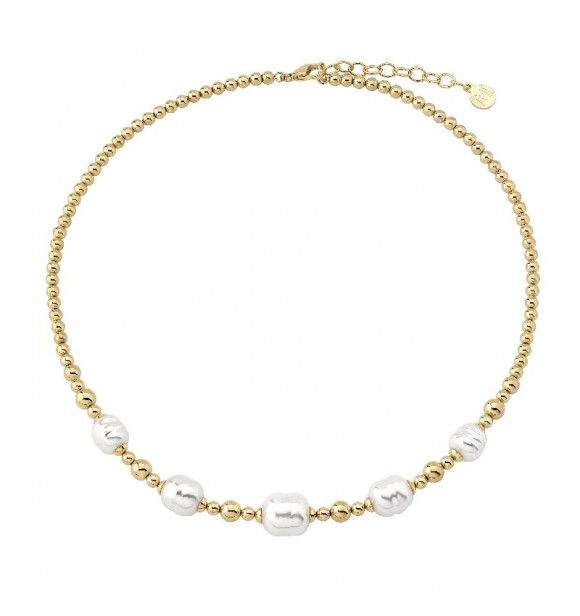 MAJORICA collar corto de 43/48cm en acero rodiado y dorado, 8/10/12mm perlas barrocas blancas