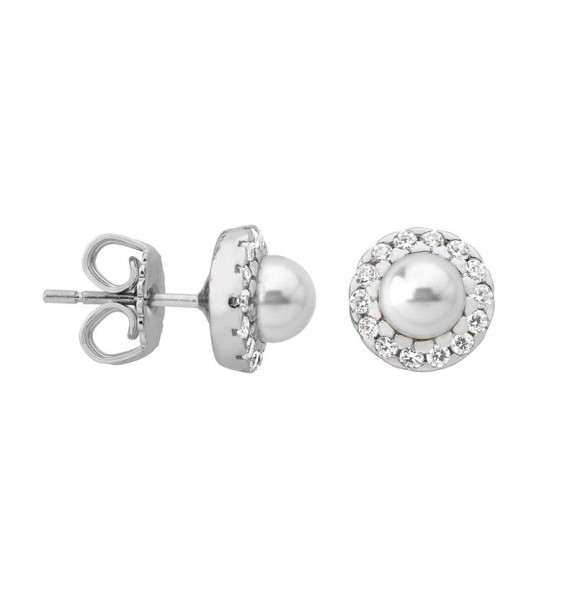 MAJORICA pendientes cortos con pincho en plata rodiada,
 5mm perlas redondas blancas y circonitas