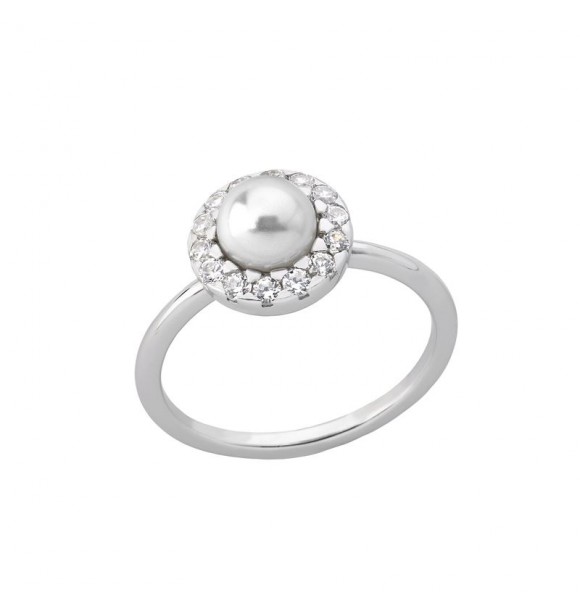 MAJORICA anillo cerrado en plata rodiada,
 6mm perlas redondas blancas y circonitas