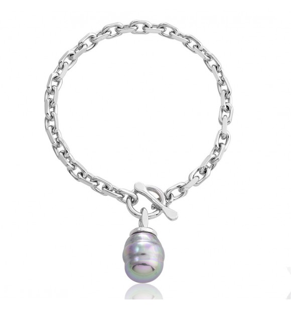 MAJORICA brazalete 17.5cm en metal rodiado, 12mm perlas barrocas gris