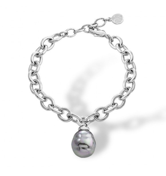 MAJORICA brazalete 18/21cm en metal rodiado, 14mm perlas barrocas gris