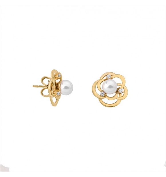 MAJORICA Pendientes multiposición cortos con pincho en plata dorada,
 6mm perlas redondas blancas y circonitas