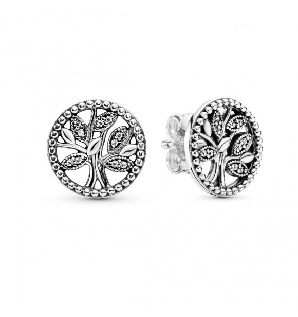PANDORA Tree of life silver stud earrings with clear cubic zirconia