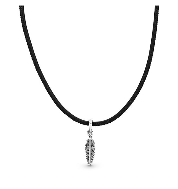 PANDORA Chocker en plata de ley Pluma cuero negro