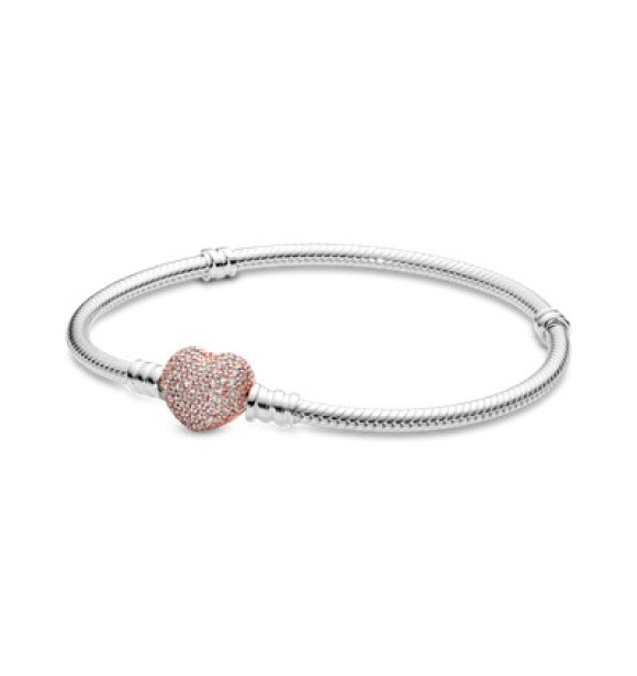 586292CZ-20 Snake chain silver bracelet with 14k rose gold-plated heart clasp and clear cubic zirconia