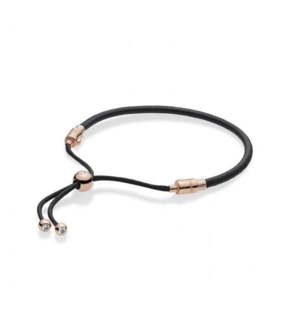 PANDORA Pandora Rose sliding bracelet in black leather, waxed cord with clear cubic zirconia