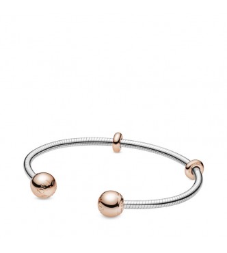 PANDORA Sterling silver open bangle with Pandora Rose silicone stoppers and interchangeable end caps