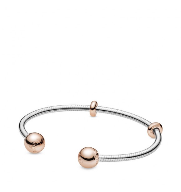 PANDORA Sterling silver open bangle with Pandora Rose silicone stoppers and interchangeable end caps