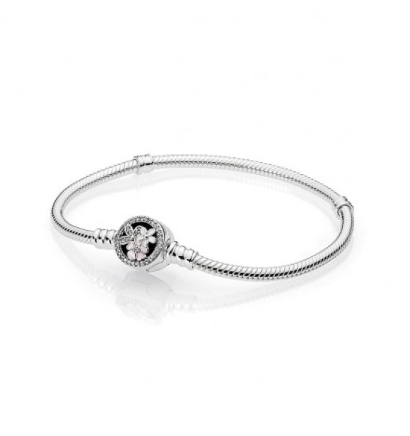 PANDORA 590744CZ  Pulsera en plata de ley con circonita cúbica transparente, blanca y esmalte rosa