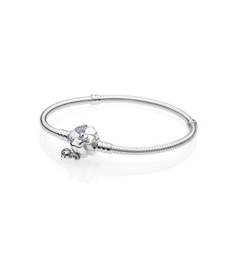 PANDORA Pulsera Moments en plata de primera ley con cierre de flores y circonitas moradas, cristal lila y esmalte morado
