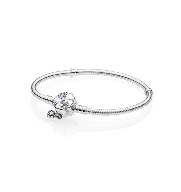 PANDORA Pulsera Moments en plata de primera ley con cierre de flores y circonitas moradas, cristal lila y esmalte morado