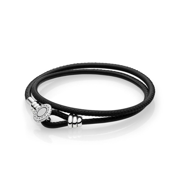 PANDORA Pulsera Moments en cuero negro doble para charms