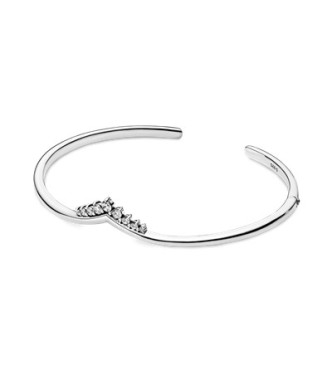 PANDORA Tiara wishbone sterling silver open bangle with clear cubic zirconia