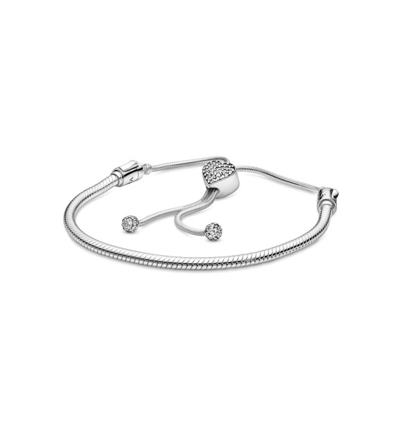Snake chain sterling silver slider bracelet and heart clasp with clear cubic zirconia 598699C01 