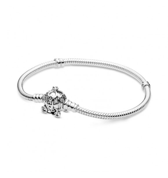PANDORA Disney snake chain sterling silver bracelet and Cinderella pumpkin coach clasp with clear cubic zirconia 599190C01 