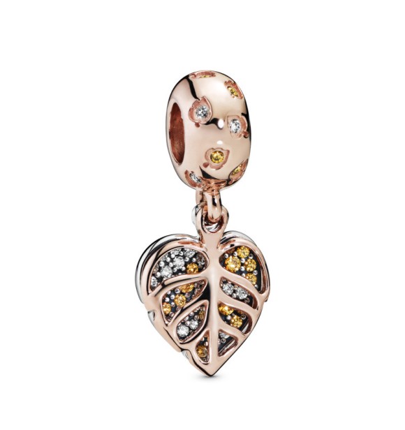PANDORA Leaves Pandora Rose and sterling silver dangle with clear and honey cubic zirconia