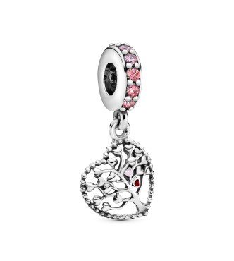 PANDORA Charm colgante Árbol de la vida en plata de primera ley con circonitas cúbicas rosas y esmalte rojo y rosa