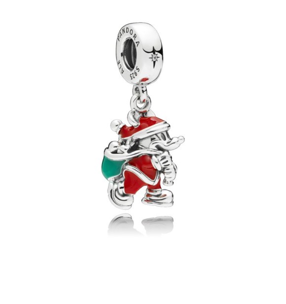 PANDORA Charm colgante Disney Papá Noel Mickey en plata de ley, esmalta rojo y verde y circonita cúbica transparente
