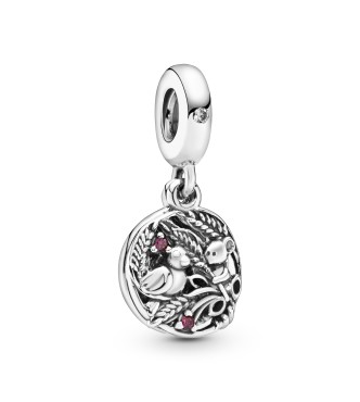 PANDORA Charm colgante Espigas, Pájaro y Ratón en plata de primera ley con circonitas transparentes y rojas y esmalte morado