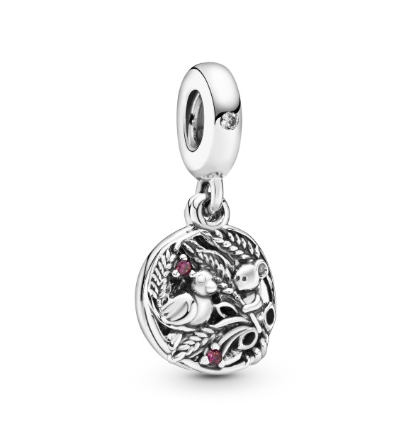 PANDORA Charm colgante Espigas, Pájaro y Ratón en plata de primera ley con circonitas transparentes y rojas y esmalte morado