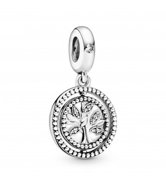 PANDORA Spinning tree of life silver dangle with clear cubic zirconia and white enamel