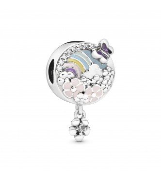 PANDORA Flower and rainbow silver charm with pink, white, purple, green, blue and yellow enamel