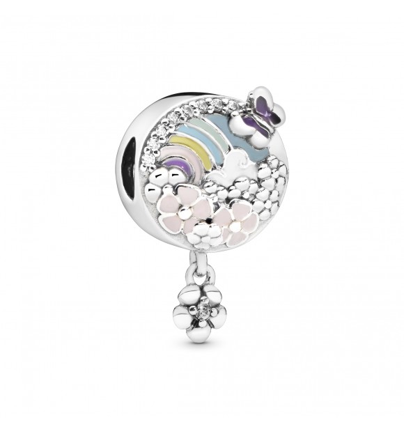 PANDORA Flower and rainbow silver charm with pink, white, purple, green, blue and yellow enamel