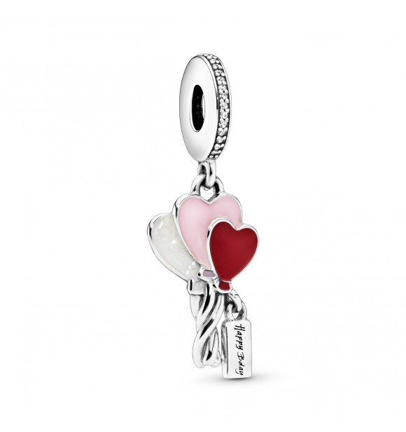 PANDORA Balloons silver dangle with clear cubic zirconia, shimmering silver, pink and red enamel