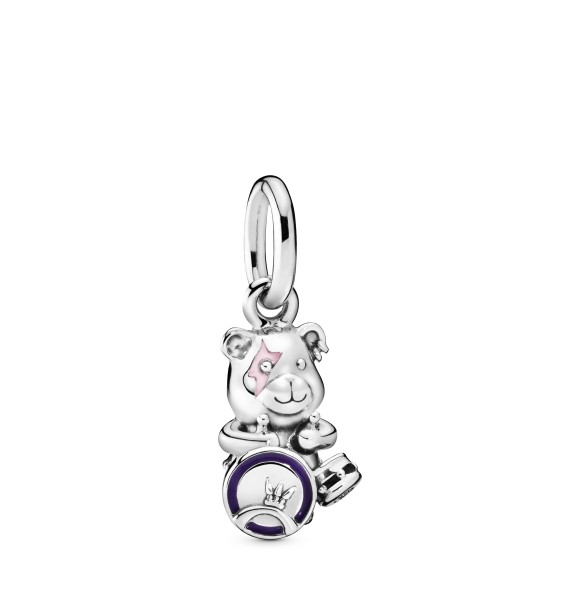 PANDORA Punk teddy bear sterling silver dangle with clear cubic zirconia and black, purple and pink enamel