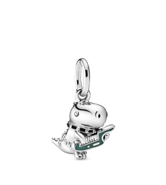 PANDORA Punk dinosaur sterling silver dangle with black and green enamel