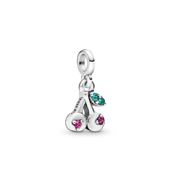 Cherries sterling silver dangle charm with cerise and aqua green crystal 798371NCC