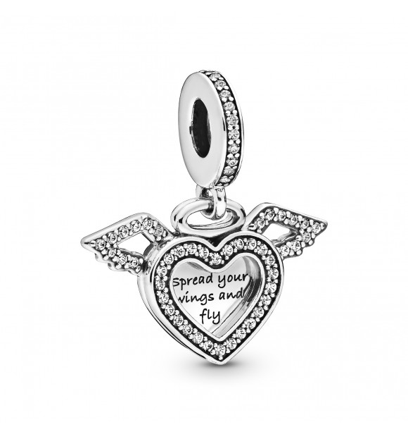 PANDORA CHARM Heart and wings sterling silver dangle with clear cubic zirconia