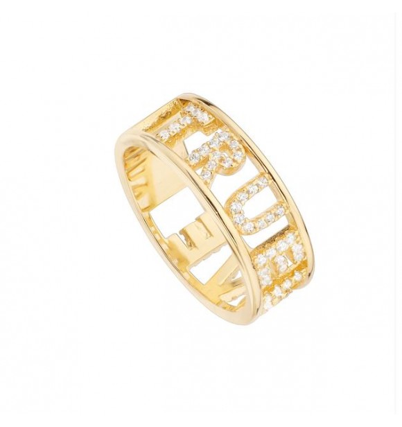 ANILLO PLATA AC ORO GRUESO CZ TEXTO  TRUE LOVE