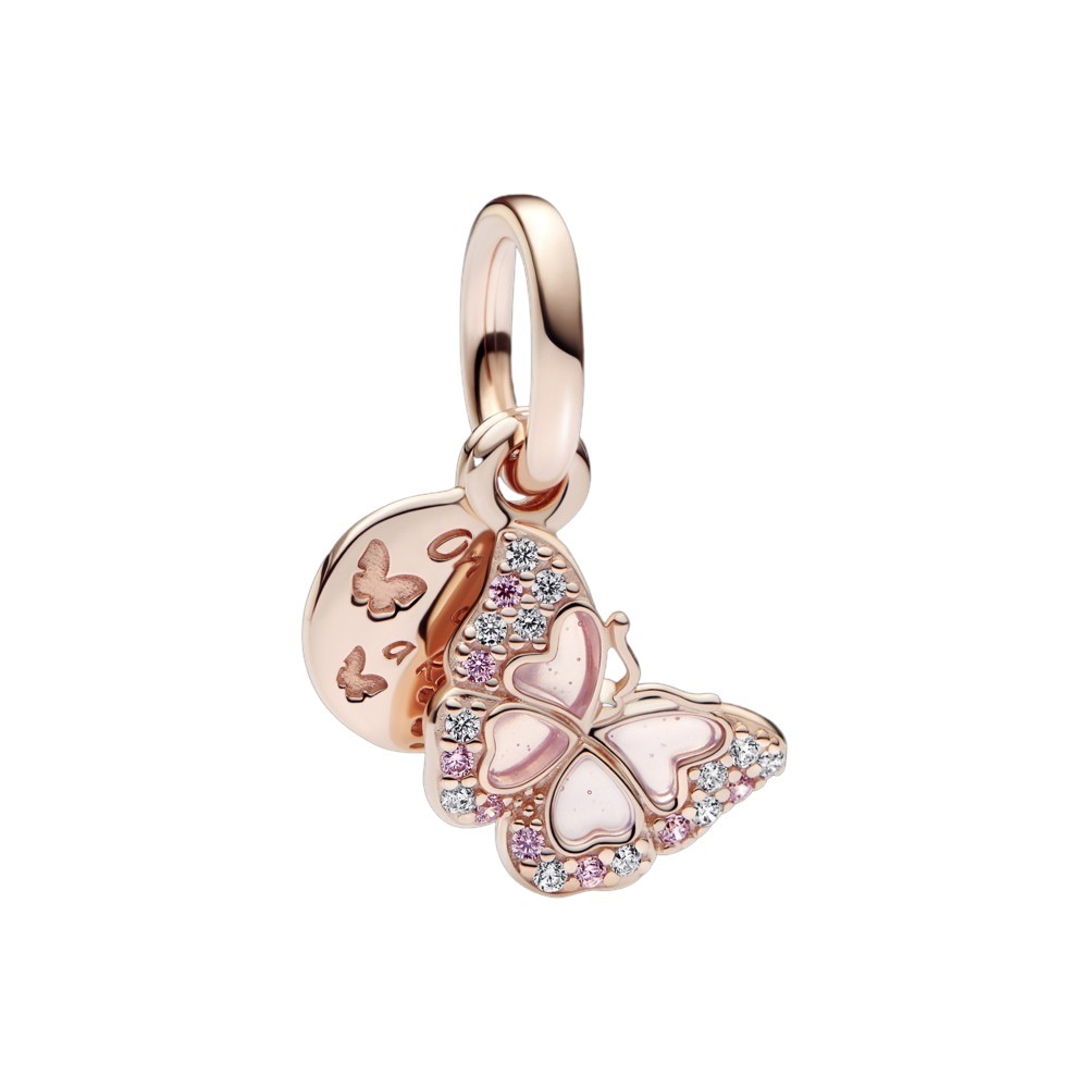 Butterfly 14k rose gold-plated dangle with fancy fairy tale pink and clear  cubic zirconia, transparent pink plique a jour enamel