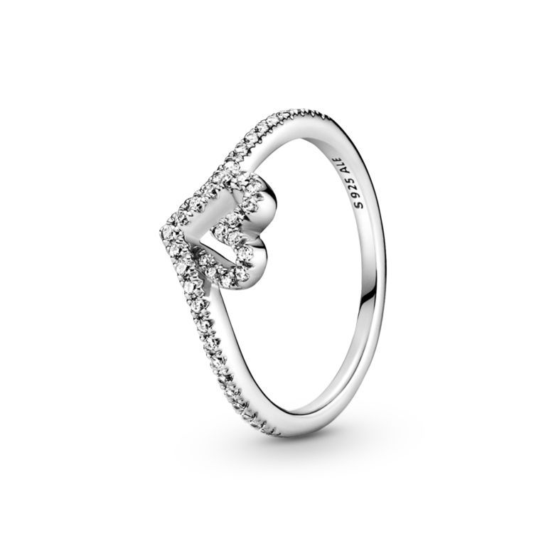199302C01-50 Heart and wishbone sterling silver ring with clear cubic ...